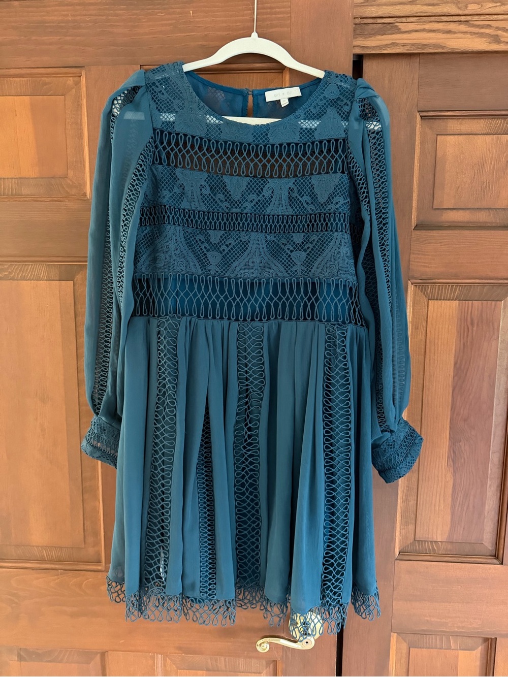 Anthropologie eri Ali teal crochet long sleeves dress size 12 Charlene